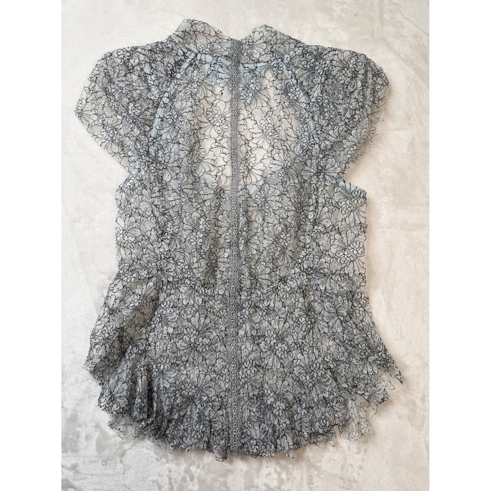 Black and white Floral Lace Button Peplum Blouse Cap Sleeve, romantic Victorian, - Picture 5 of 11